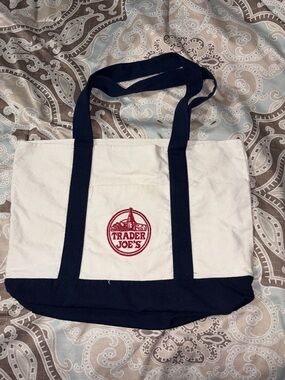 Trader Joe's Cream Canvas Tote with Navy Accents